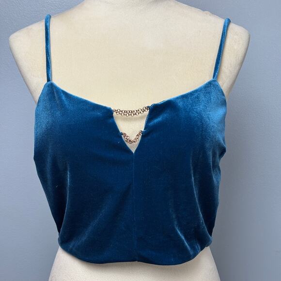 Y2K Blue Velvet Cami Crop Top Chain Detail Strappy Grunge Coquette Bustier XL - Picture 1 of 5